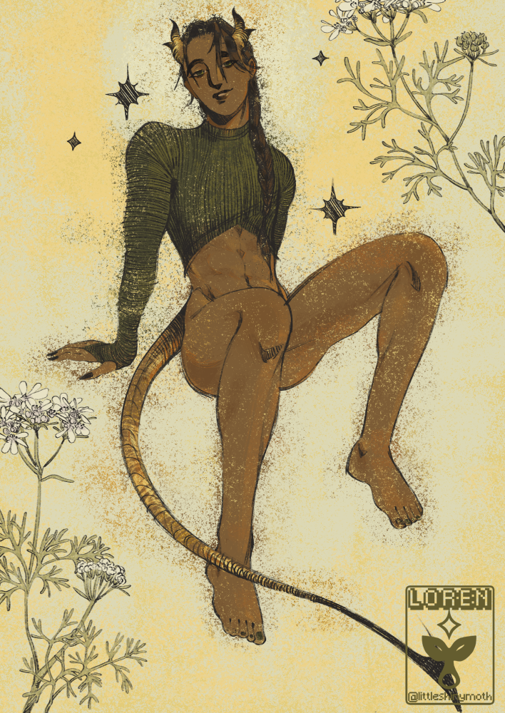A character with horns and a lizard-like tail leans back and looks casually at the viewer. He's wearing a long sleeve crop top and is surrounded by cilantro.